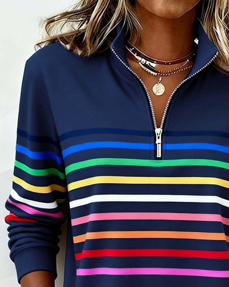 Mode Sweatshirt with Half Zipper and Rainbow Stripes