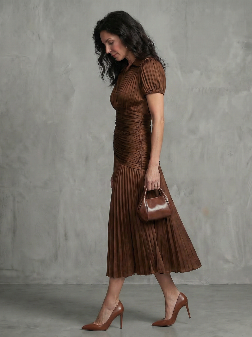 Eloise | Pleated Waistline Stripe Midi Dress