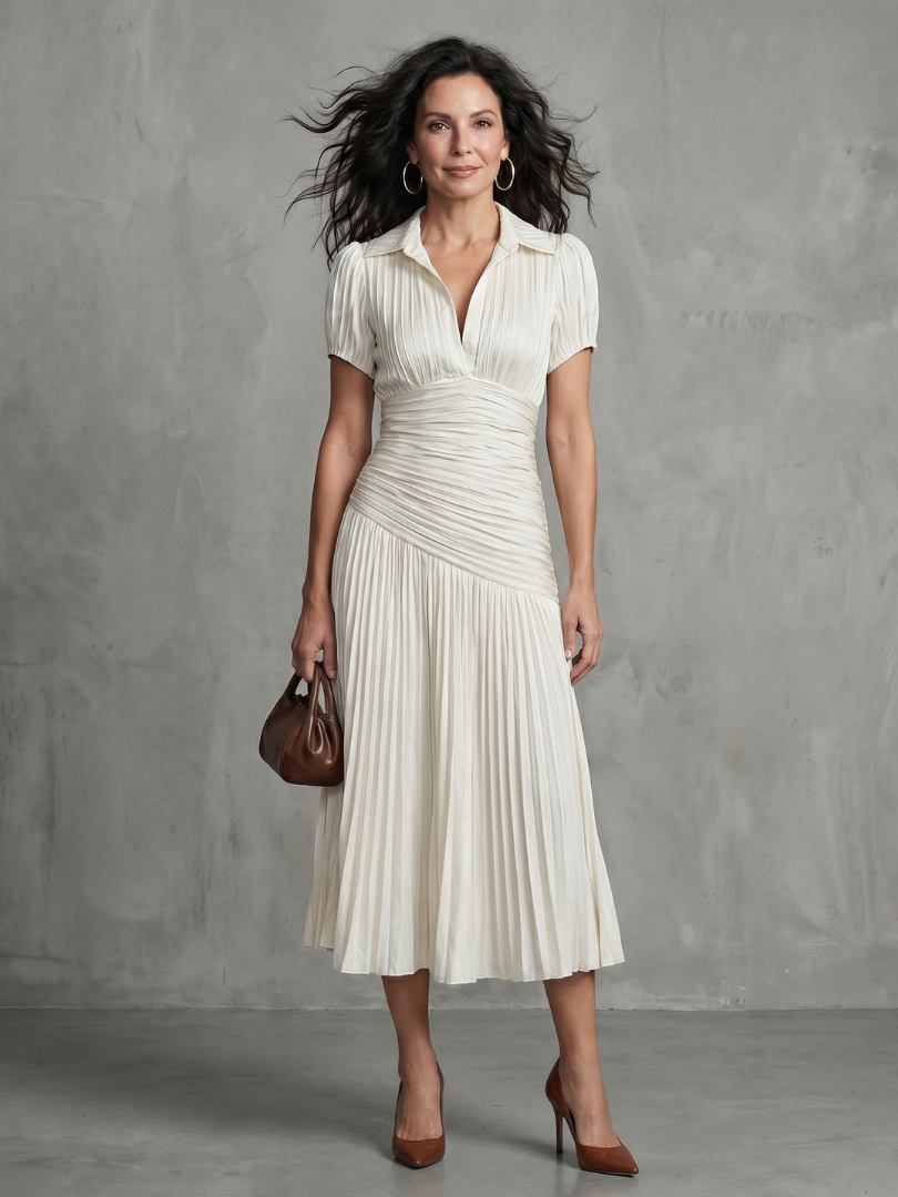 Eloise | Pleated Waistline Stripe Midi Dress