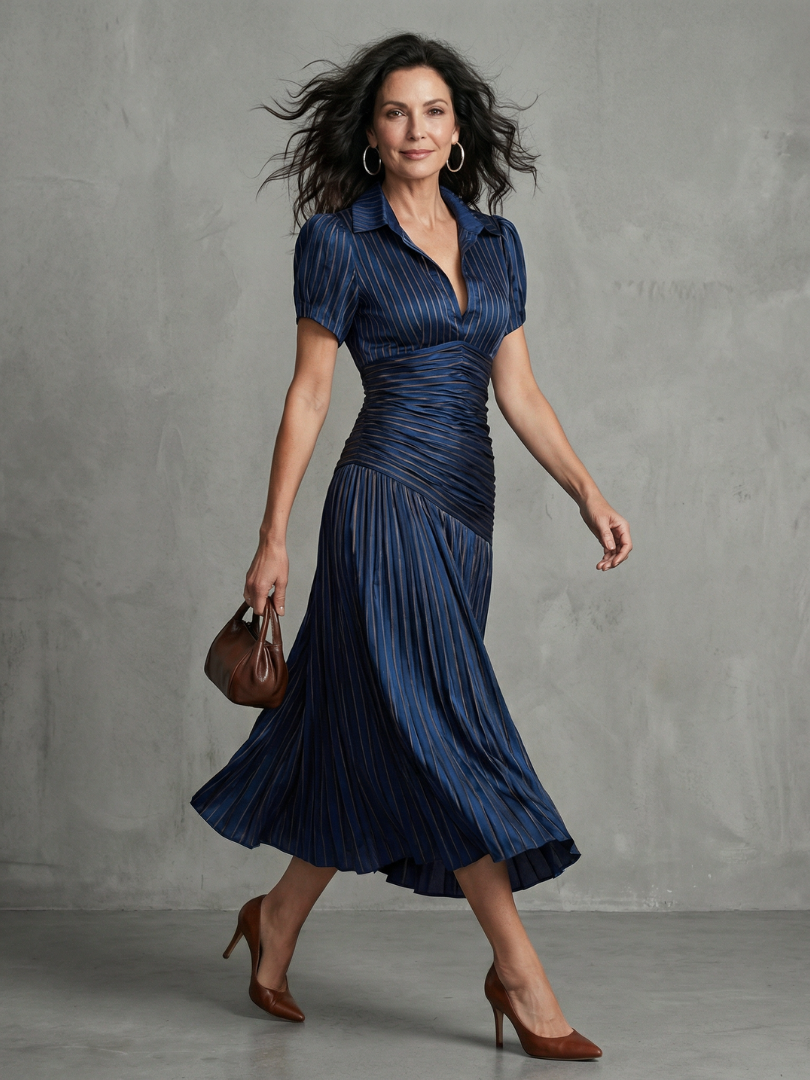 Eloise | Pleated Waistline Stripe Midi Dress