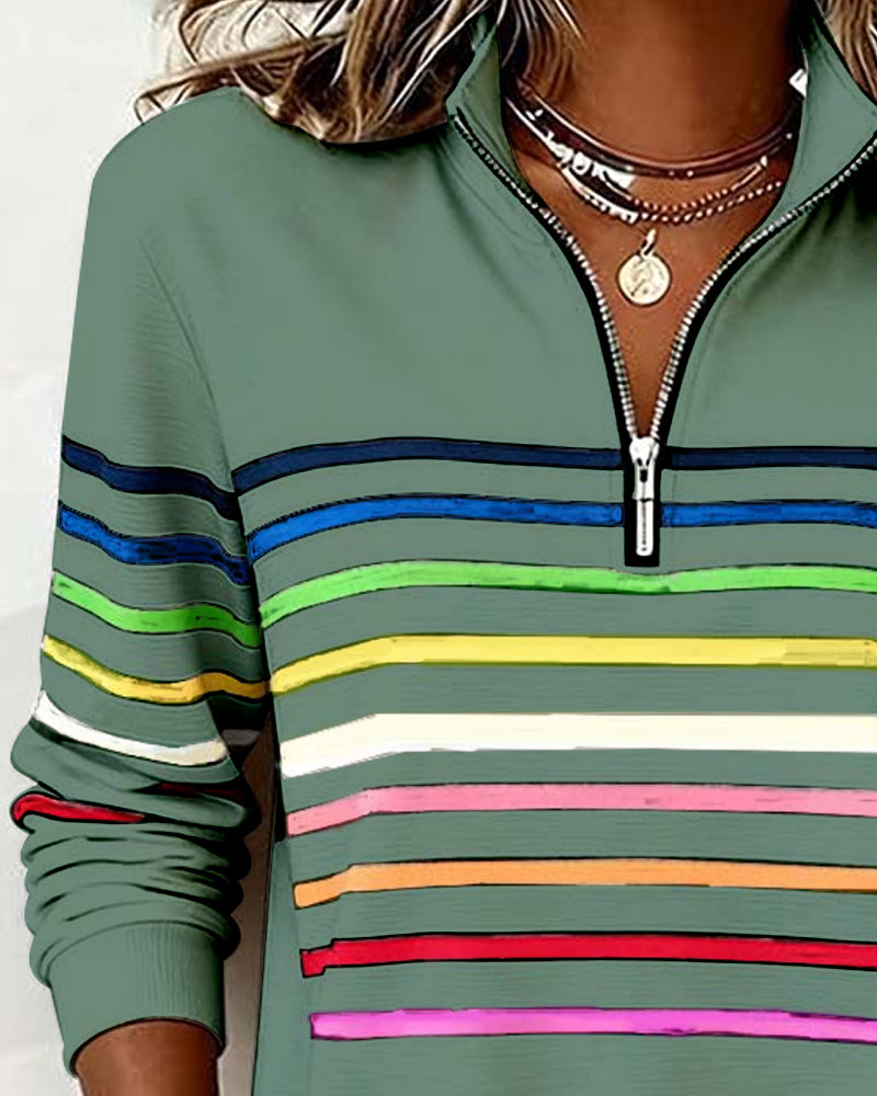 Mode Sweatshirt with Half Zipper and Rainbow Stripes