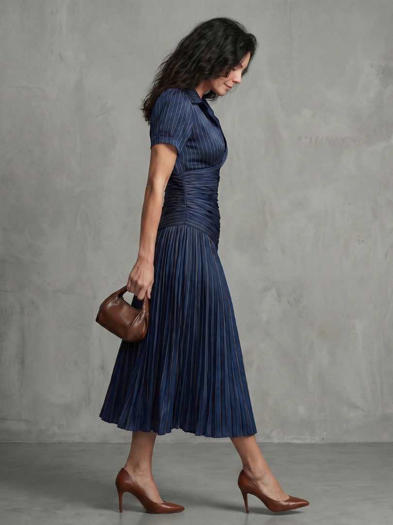 Cordelia | Pleated Waistline Stripe Midi Dress