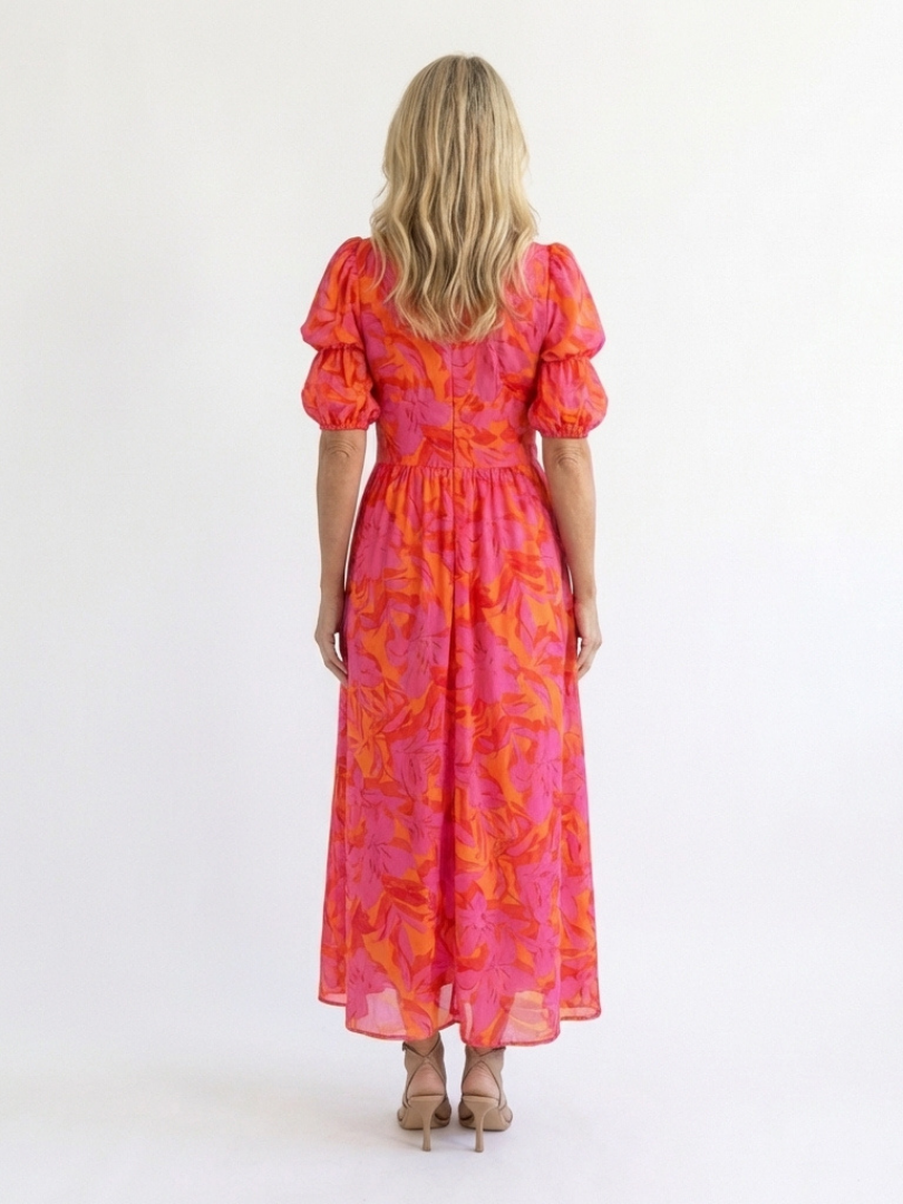 Fiona | Floral V Neck Puff Sleeve Midi Dress