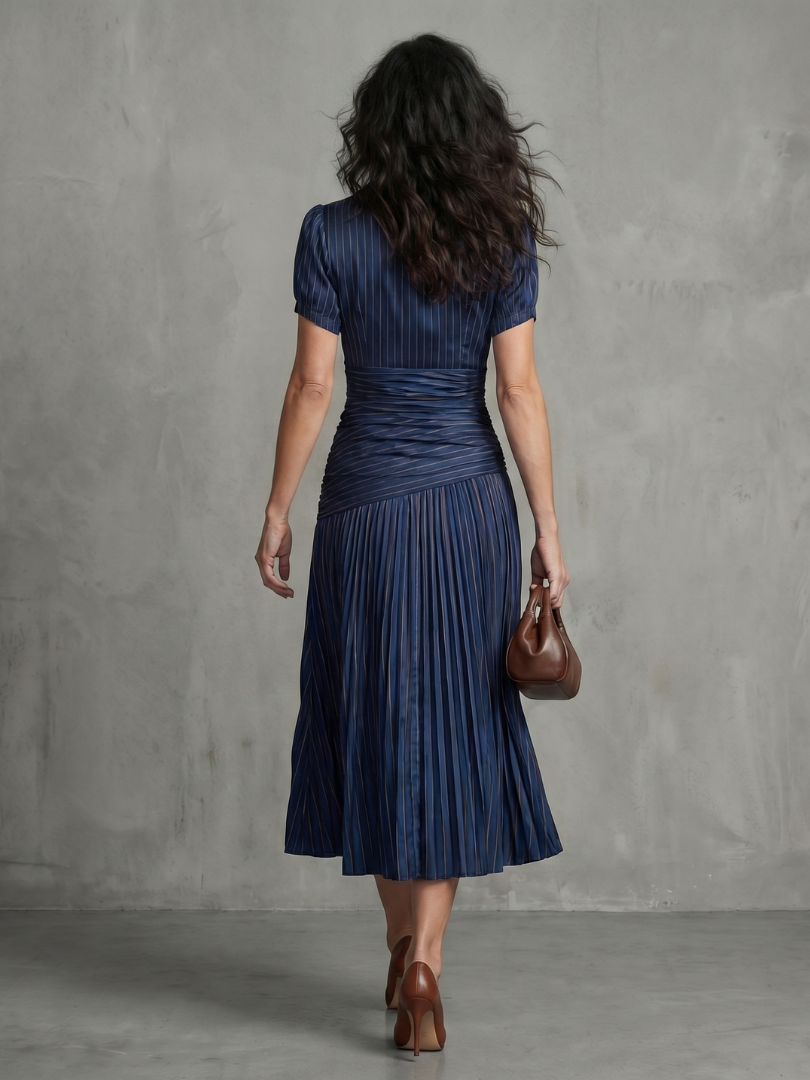 Cordelia | Pleated Waistline Stripe Midi Dress