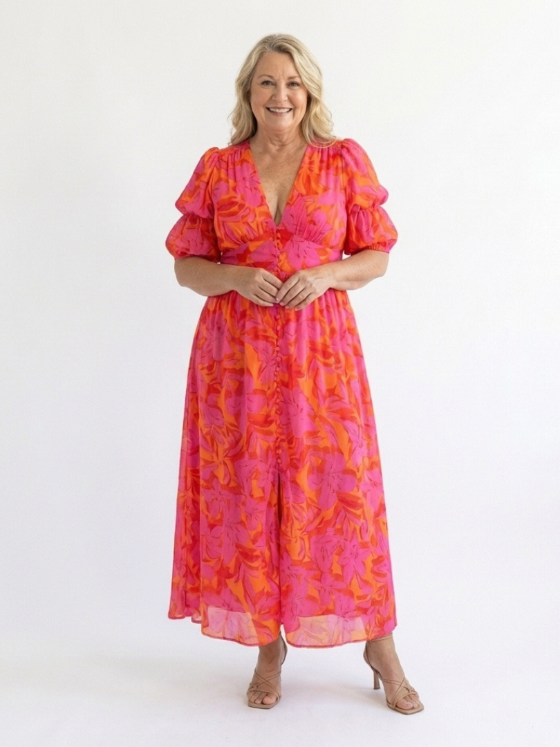 Fiona | Floral V Neck Puff Sleeve Midi Dress