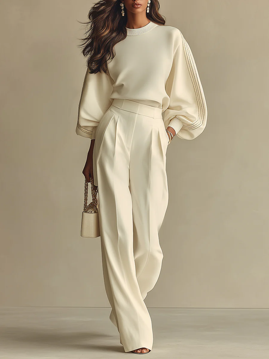 Ivory | Ribbed Crew Neck Top And High-waisted Wide-leg Pants Suit