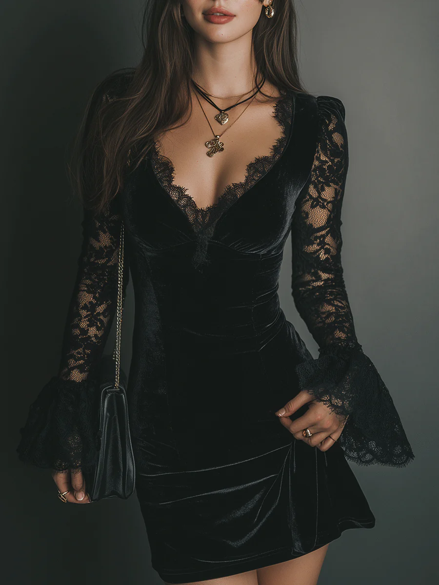 Luna | Velvet Mini Dress with Lace Detail