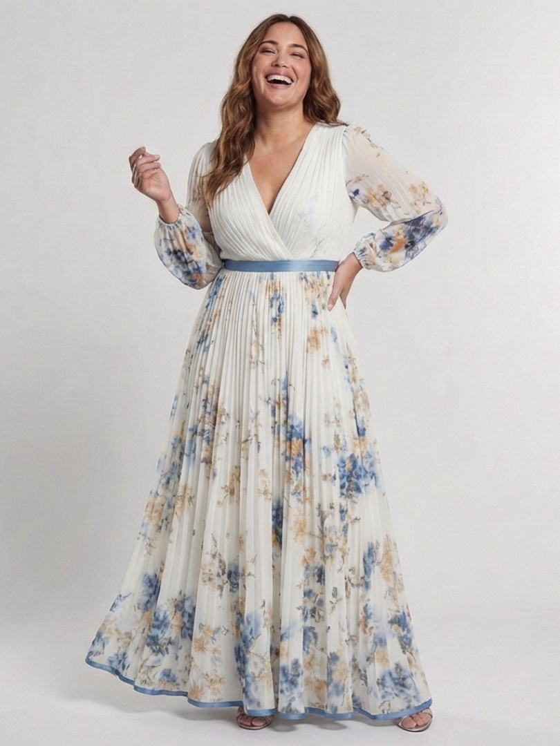 Evangeline | Long Sleeve V Neck Floral Maxi Dress
